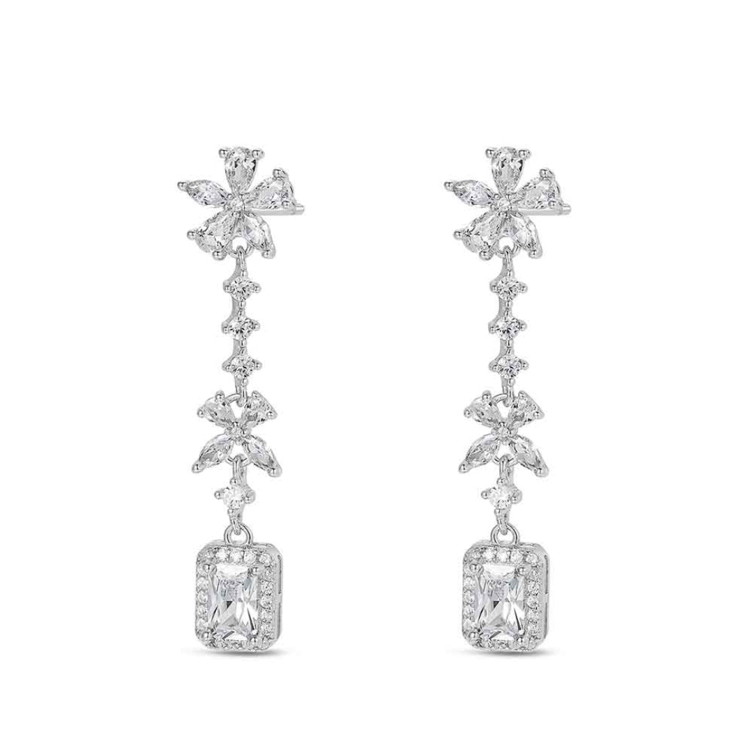 Pendientes de plata rodiada con flores de circonitas y pieza rectangular – joya elegante para eventos y regalos especiales – Sfinge Joyas