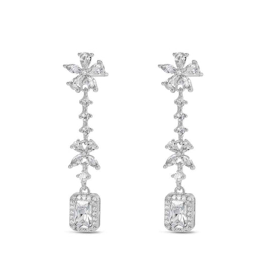 Pendientes de plata rodiada con flores de circonitas y pieza rectangular – joya elegante para eventos y regalos especiales – Sfinge Joyas