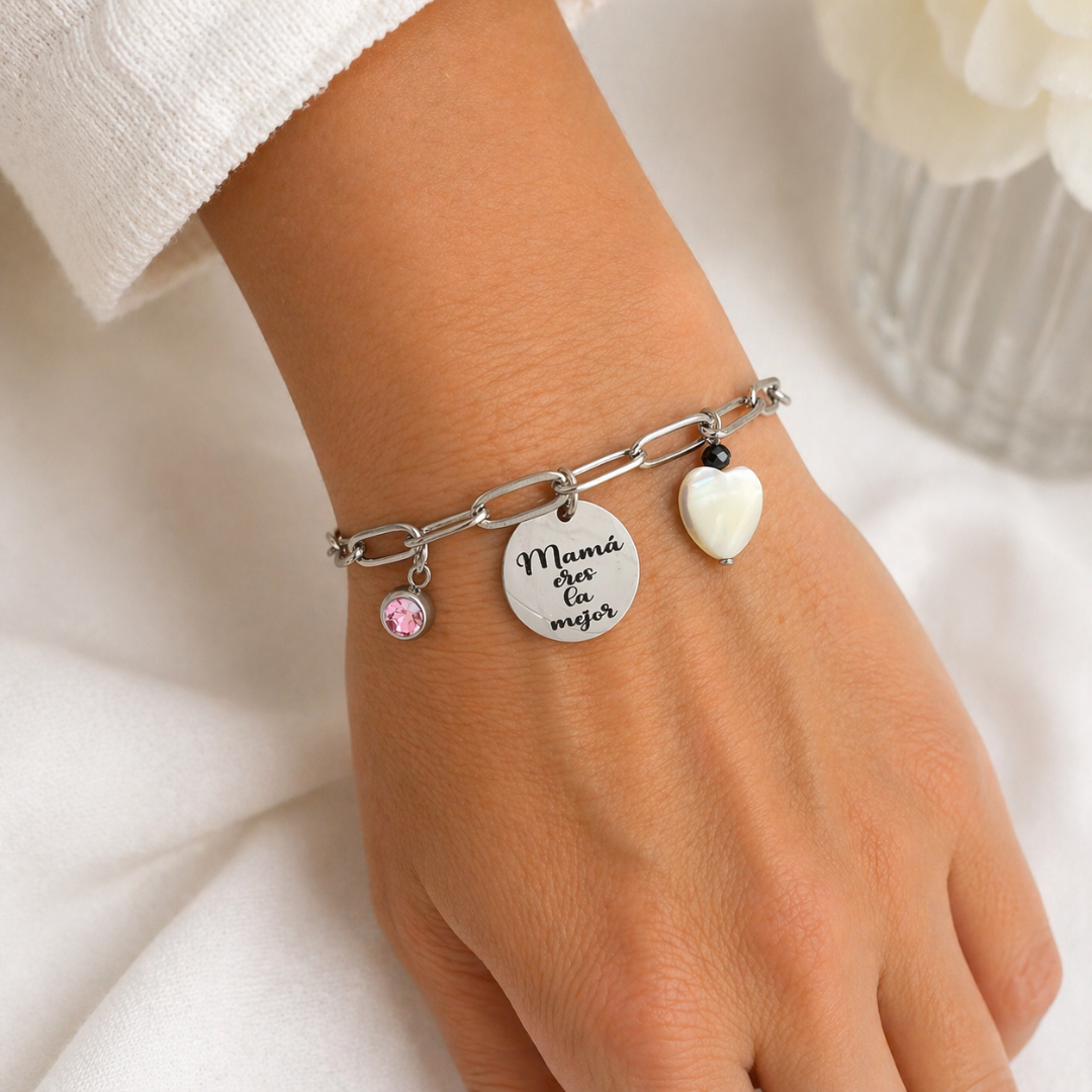  Pulsera Mamá eres la mejor medalla redonda con nácar y circonita rosa personalizable