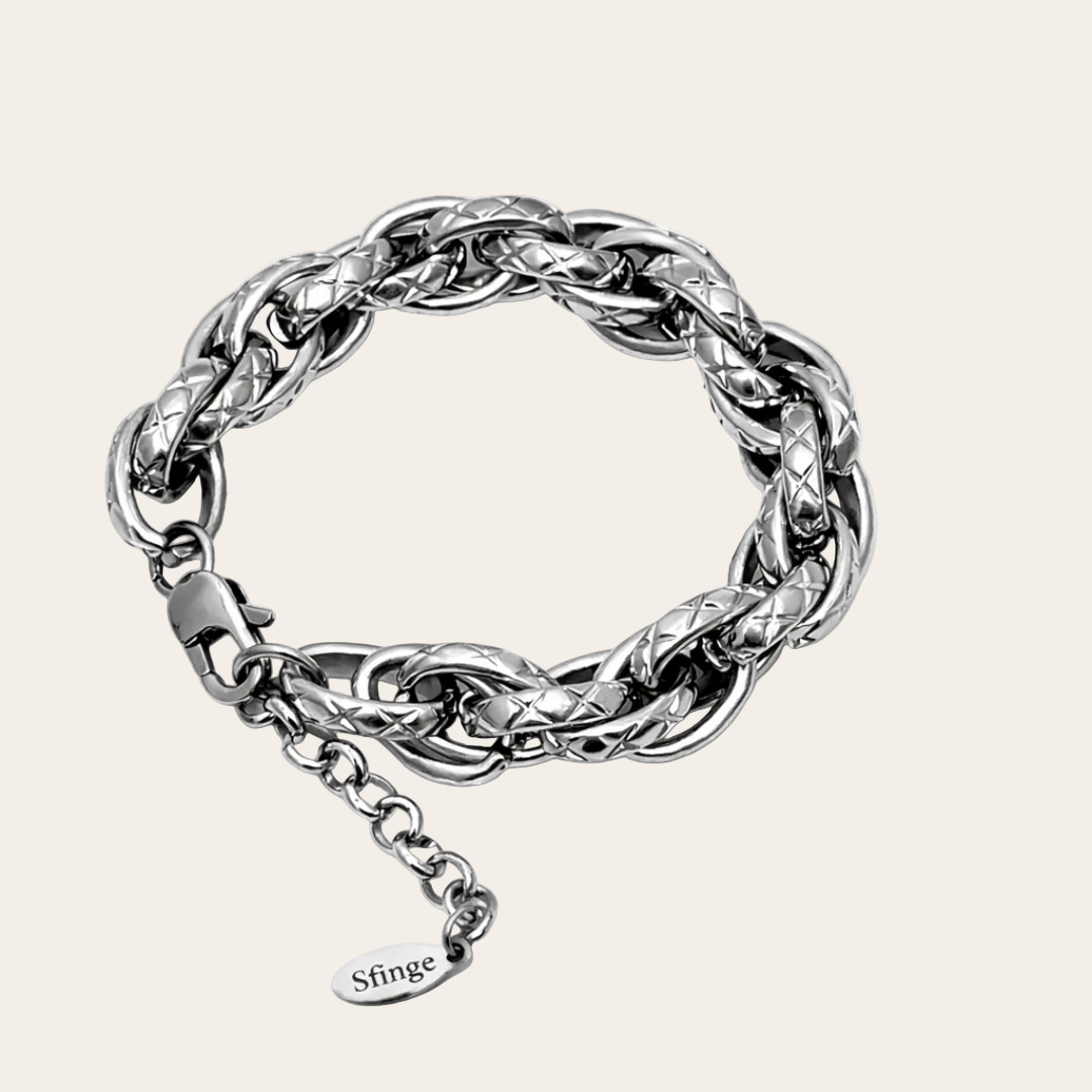 Pulsera de acero inoxidable plateada de cadena gruesa con diseño exclusivo Sfinge, pulsera elegante mujer