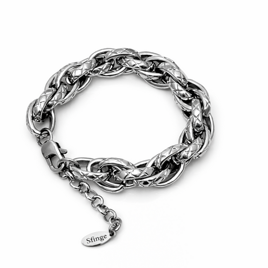 Pulsera de acero inoxidable plateada de cadena gruesa con diseño exclusivo Sfinge, pulsera elegante mujer