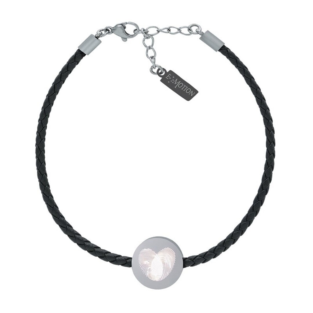 Pulsera interactiva E*Motion de cuero negro y acero con chip NFC – joya personalizada que guarda recuerdos