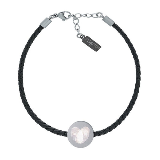 Pulsera interactiva E*Motion de cuero negro y acero con chip NFC – joya personalizada que guarda recuerdos